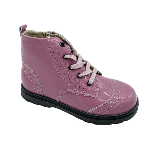 Purple children's boot with black sole on a white background