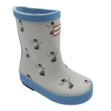 Load image into Gallery viewer, Children's rain boot with penguin design and blue trim on a white background

