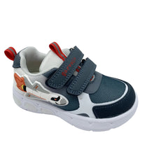 Load image into Gallery viewer, Children's blue and gray sneaker with red accents on a white background
