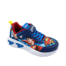 Load image into Gallery viewer, A kids' blue Geox sneaker featuring Superman comic book graphics on the side, with blue laces, a red inner lining, and a white sole.

