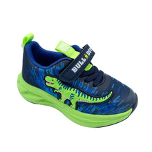 Load image into Gallery viewer, Blue and green children's sneaker with dinosaur design on a white background
