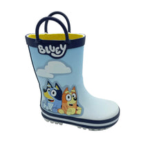 Load image into Gallery viewer, A light blue children's rain boot featuring Bluey characters, a white cloud, and the word 'Bluey' on the front, with dark navy handles and trim, set against a plain light gray background.
