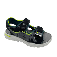 Load image into Gallery viewer, Black and gray sandal with dinosaur design on a white background
