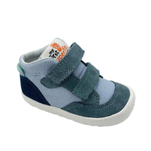 Load image into Gallery viewer, Children's blue and gray sneaker with a visible brand logo on a white background
