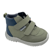 Load image into Gallery viewer, A toddler's mid-height ankle boot in olive green and navy blue, featuring two hook-and-loop straps and a textured gray sole, shown on a white background.
