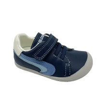 Load image into Gallery viewer, A single toddler's hook-and-loop sneaker in navy blue with light blue and cream accents, shown on a white studio background.
