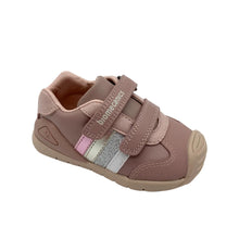 Load image into Gallery viewer, A toddler's slip-on shoe in dusty rose pink, featuring two hook-and-loop straps with a vertical brand name 'biofieds' on the top strap, and a decorative side panel with pink, white, and silver glitter stripes.

