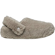 Load image into Gallery viewer, A single plush fleece slipper in a light taupe-beige color, featuring a small silver metal button on the strap, shown against a solid black background.
