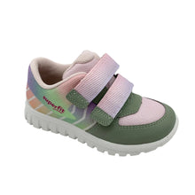 Load image into Gallery viewer, Children's shoe with colorful sole and pink velcro straps on a white background
