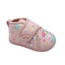 Load image into Gallery viewer, A pink baby bootie featuring a cute unicorn and rainbow pattern on the side, with a hook-and-loop strap closure and a soft sole, photographed on a light gray background.
