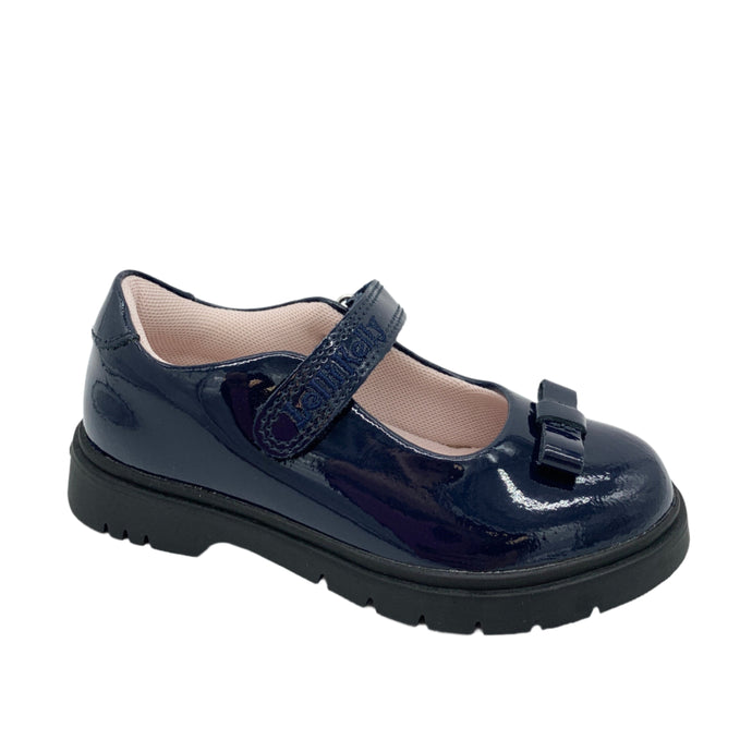 Navy blue shoe with a strap on a white background