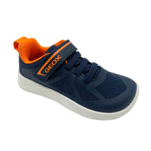 Load image into Gallery viewer, A navy blue Geox toddler sneaker with bright orange accents on the collar lining, strap, and logo, set against a plain white studio background.
