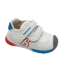 Load image into Gallery viewer, White children's shoe with red and blue accents on a white background
