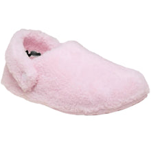 Load image into Gallery viewer, A single light pink fuzzy slipper or clog-style house shoe shown on a solid black background.
