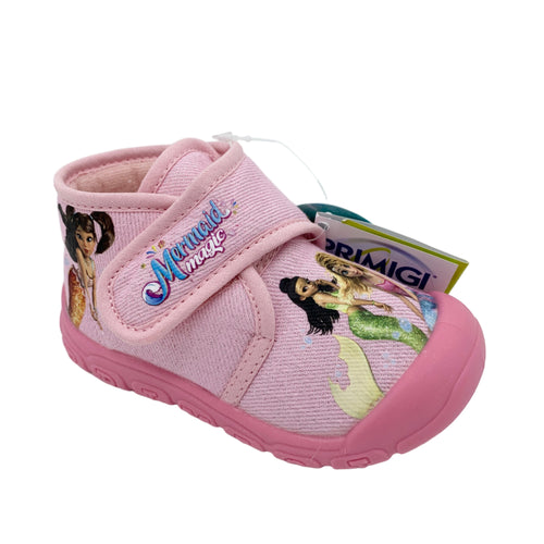 Pink children's shoe with character design on a white background