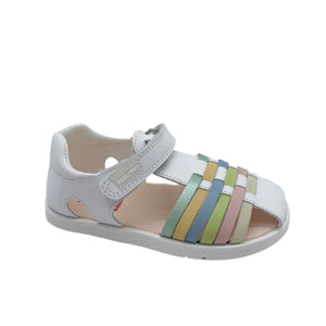 Children's sandal with multicolored straps on a white background