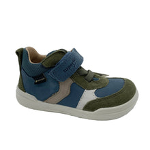 Load image into Gallery viewer, A toddler's multi-color sneaker by Surveo, featuring blue and olive green panels, a beige side stripe, and a white sole, photographed on a white studio background.
