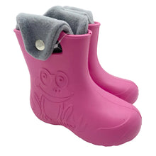 Load image into Gallery viewer, A pair of bright pink rubber rain boots with a frog face embossed on the front boot, featuring gray fleece lining and a silver snap button.
