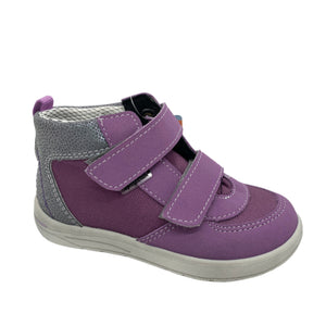 Purple children's shoe with gray accents on a white background