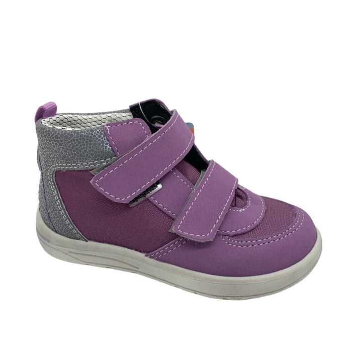 Purple children's shoe with gray accents on a white background