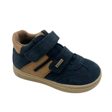 Load image into Gallery viewer, A toddler's navy blue and tan high-top sneaker with two hook-and-loop straps and a tan sole, shown on a white background.
