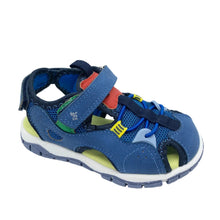 Load image into Gallery viewer, Blue children's sandal with multiple colors on a white background
