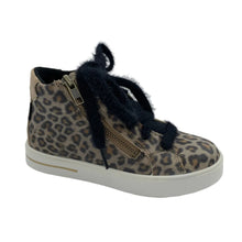 Load image into Gallery viewer, A toddler's high-top sneaker featuring a brown and black leopard print canvas upper, black fuzzy laces, a side zipper with a gold-tone pull tab, and a thick off-white rubber sole.
