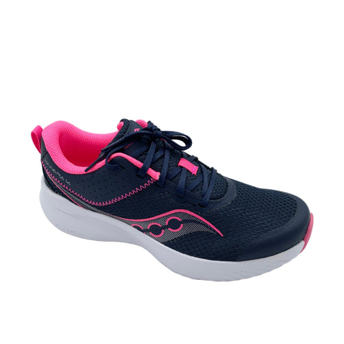 Navy and pink running shoe on a white background