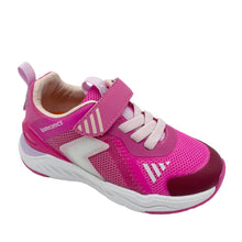 Load image into Gallery viewer, Pink and purple sneaker with white accents on a light gray background
