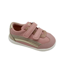 Load image into Gallery viewer, A toddler's pink sneaker with two hook-and-loop straps, beige side stripes, and a white sole, photographed on a light gray studio background.
