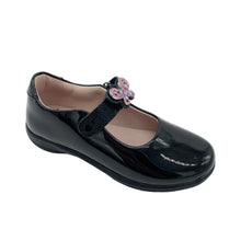 Load image into Gallery viewer, A single black patent leather Mary Jane shoe for kids, featuring a decorative purple and pink rhinestone flower embellishment on the strap, set against a plain white studio background.
