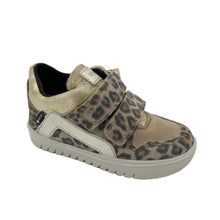 Load image into Gallery viewer, A toddler's low-top sneaker featuring a leopard print pattern on the toe and heel, beige suede panels, and two hook-and-loop straps, shown on a white background.
