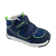 Load image into Gallery viewer, A navy blue toddler bootie with bright lime green accents, featuring two hook-and-loop straps and a white sole, shown on a light gray background.
