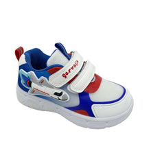 Load image into Gallery viewer, Children's shoe with blue, white, and red design on a light gray background
