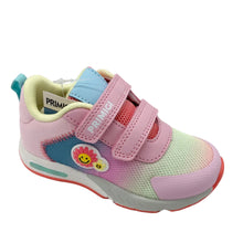 Load image into Gallery viewer, Pink children's sneaker with a smiley face design on a white background
