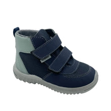 Load image into Gallery viewer, A navy blue toddler ankle boot with two hook-and-loop straps, a light gray heel panel, and a gray sole, shown on a white background.
