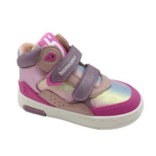 Load image into Gallery viewer, A toddler's mid-top sneaker in pink and lavender with iridescent holographic panels and a white sole, featuring the brand name 'bionetics' on the strap.
