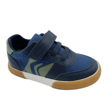 Load image into Gallery viewer, Blue children's shoe with brown sole on a white background

