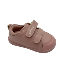 Load image into Gallery viewer, A dusty rose baby shoe with two hook-and-loop straps, shown from a three-quarters angle on a light gray background.
