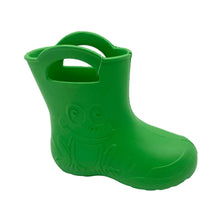 Load image into Gallery viewer, A bright green rubber rain boot with a handle and a molded frog face on the side, photographed on a plain light gray background.
