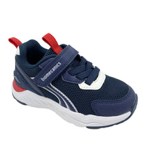 Load image into Gallery viewer, Navy blue children's sneaker with red accents on a white background
