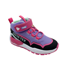 Load image into Gallery viewer, A kids' mid-top athletic sneaker in purple, black, and pink, featuring a hook-and-loop strap closure, GORE-TEX branding, and a white and pink sole.
