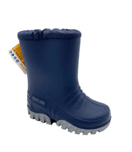 Load image into Gallery viewer, A single navy blue Start-Rite winter boot with a gray treaded sole, shown on a clean white background with its paper tag still attached.
