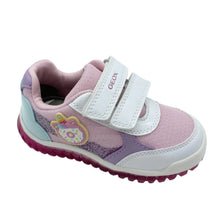 Load image into Gallery viewer, Pink and purple children's shoe with a white strap on a light gray background
