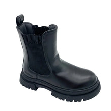 Load image into Gallery viewer, A single black leather Chelsea boot with a ribbed elastic side panel and a chunky lug sole, photographed on a clean white studio background.
