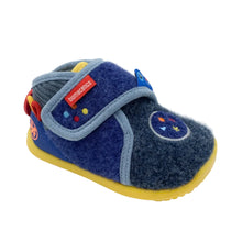 Load image into Gallery viewer, A single toddler slipper by Nom Nom Kids, featuring a navy blue felt upper with a light blue trim, a yellow sole, and a space-themed design with a moon and stars on the side.
