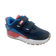 Load image into Gallery viewer, A kids' low-top sneaker in navy blue with bright blue, red, and white accents, featuring two hook-and-loop straps and a white midsole.
