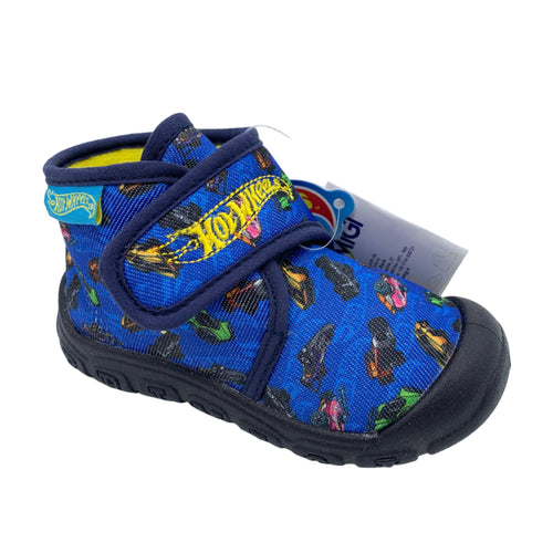 Blue children's boot with colorful patterns on a white background