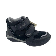 Load image into Gallery viewer, A black high-top toddler shoe with hook-and-loop straps, a gray lining, and a hangtag, photographed on a white studio background.
