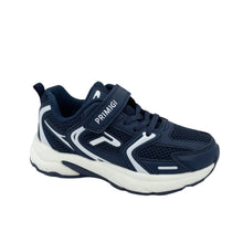 Load image into Gallery viewer, A navy blue and white children's athletic sneaker with a hook-and-loop strap, shown from a side profile on a light gray background.
